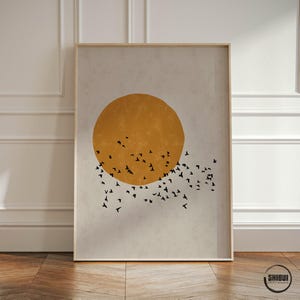 Extra-large artwork with crane birds and sun