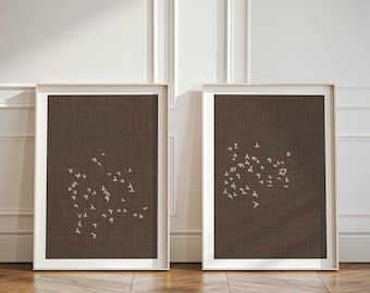 Chocolate Brown Minimalistic Japandi Set of 2 Art Prints - Flock of Birds Diptych Posters