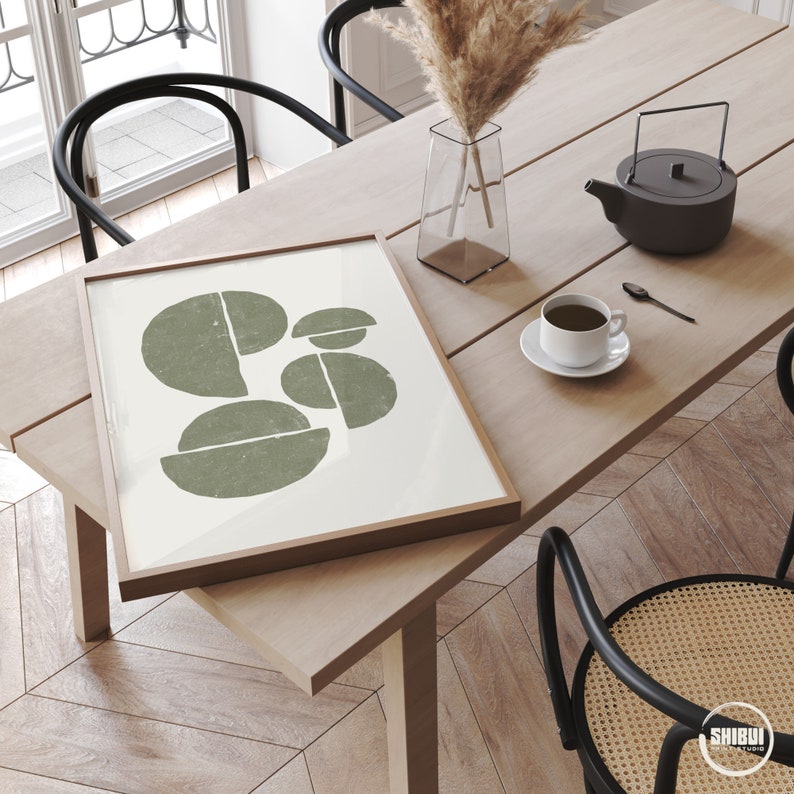 Geometric and organic shapes art print in modern living room.