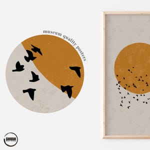 Mid-Century Modern Japandi Poster with Flock of Birds Concrete Gray, Japanese Sun Silhouette Wall Art, available up to XXL 24x36" 61x91cm A1 image 4