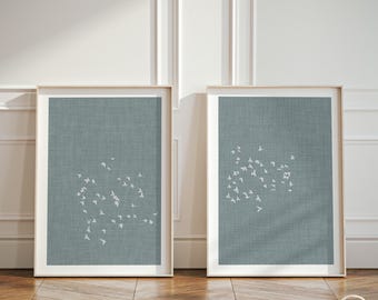 Minimalistic Japandi Set of 2 Art Prints, Flock of Birds Diptych in Natural Blue White Border, Calming Scandinavian Design Wall Art
