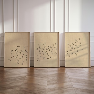 Set di poster Japandi minimalisti a trittico, set di 3 stampe "Stormo di uccelli", decorazione da parete in seppia effetto lino, arredamento zen giapponese per la casa