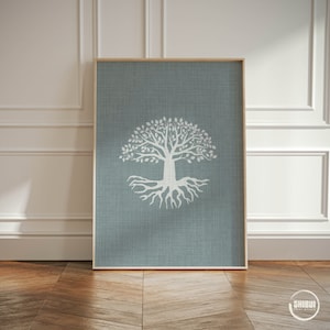 Tree of Life Poster, Blue Linen Look Wall Art, Spiritual Tree Artwork, Meditation Home Decor, Sacred Tree Unique Zen Art Print