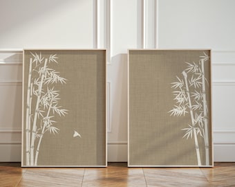 Set of 2 Prints with Kingfisher & Bamboo - Minimalistic Japandi Wall Art, Beige Linen-look, Scandinavian Design Posters, Nature-inspired