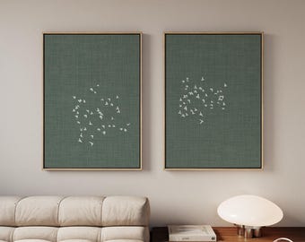 Luxury Canvas Set of 2 Panels, Flock of Birds Statement Wall Art, Japandi 2-Piece Wall Hanging