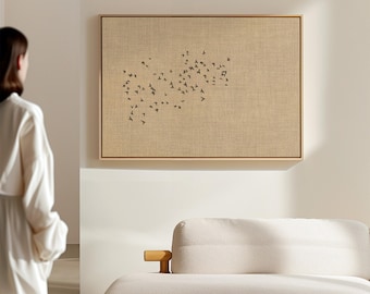 Neutral Flock of Birds in the Sky Canvas Wall Art, Horizontal Calming Scandinavian Nordic Artwork with Linen-Look