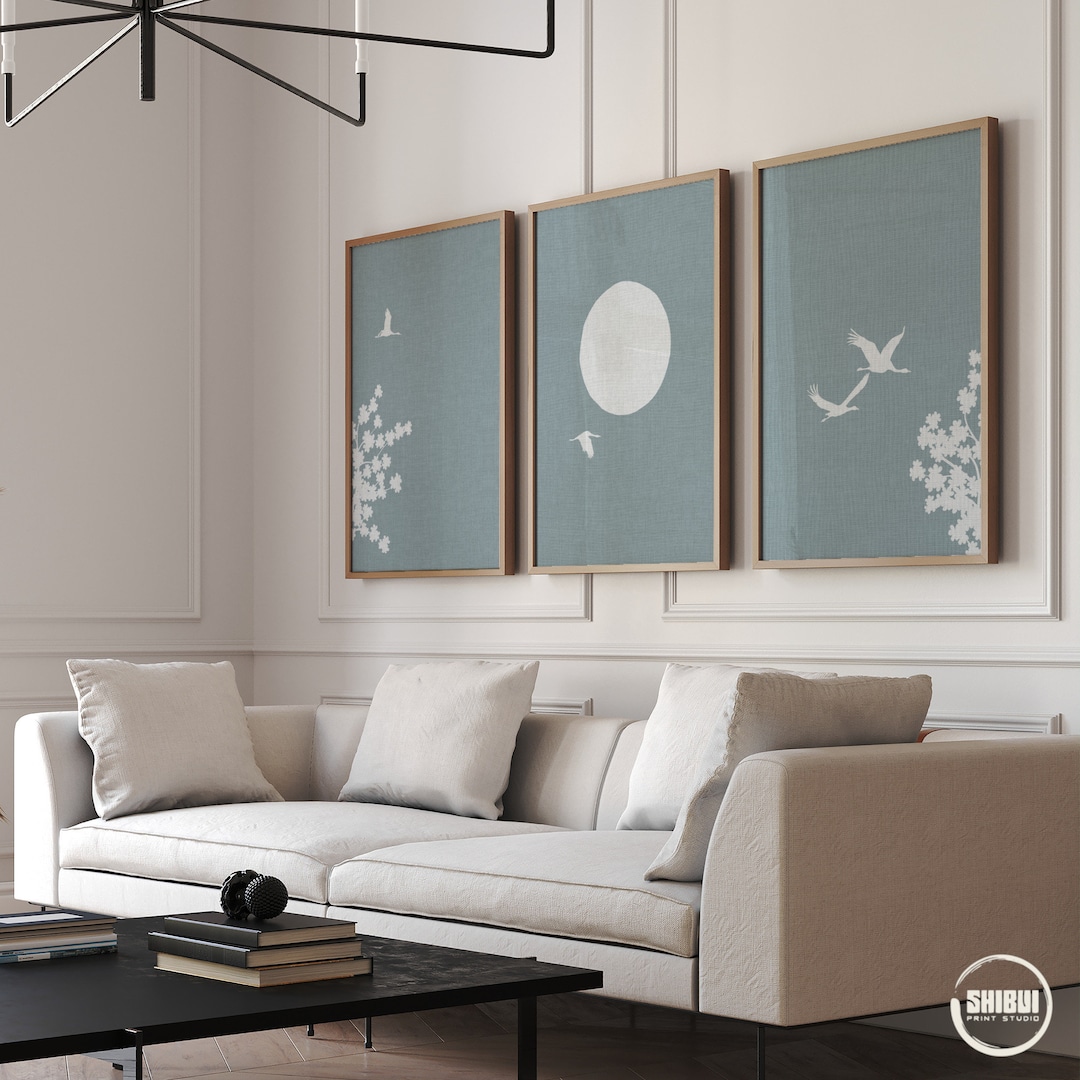 Japanese Triptych Crane Birds Wall Art, Set of 3 Natural Blue Modern ...