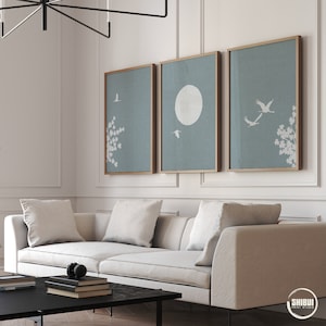 Tríptico japonés de grullas y pájaros, juego de 3 impresiones artísticas modernas en azul natural, impresiones artísticas de árboles de Sakura y sol en flor japonesa.