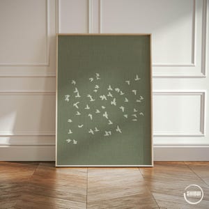 Centerpiece print in this triptych with linen look background and flock of birds