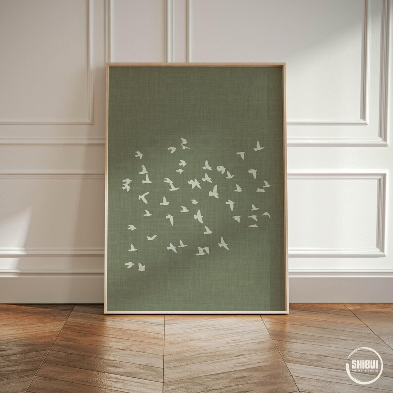Centerpiece print in this triptych with linen look background and flock of birds