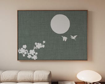 Japandi Simple Shui Heron Blossom Sun Framed Canvas, Sage Green Bluegreen Artwork for Modern Organic Minimalist Decor