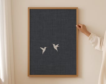Hummingbird Couple Wall Art, Dark Blue Poster for Japandi Japanese Minimalist Interior, Meaningful Gift for Anniversary