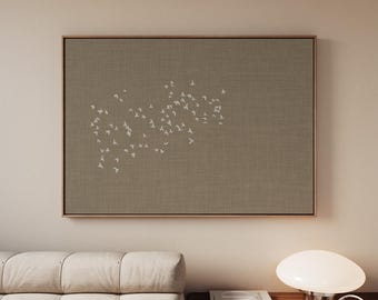 Taupe Flock of Birds against the Sky Horizontal Canvas Wall Art, Extra Large Options for a Beige Neutral Home Decor