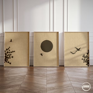 Japandi Triptych Art Prints Set, Japanese Crane Birds Sakura Sun Set of ...