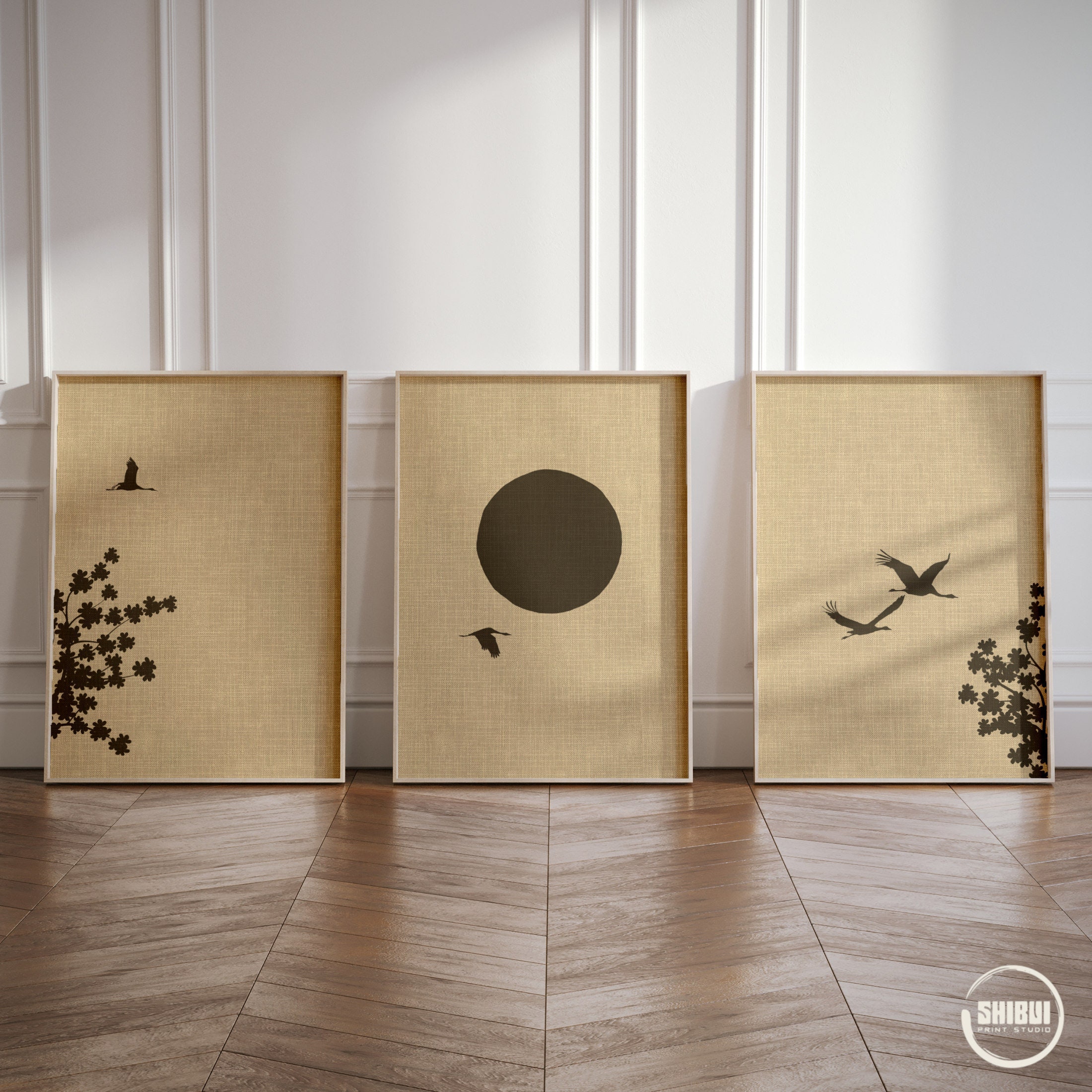 Japandi Triptych Art Prints Set, Japanese Crane Birds Sakura Sun Set of ...