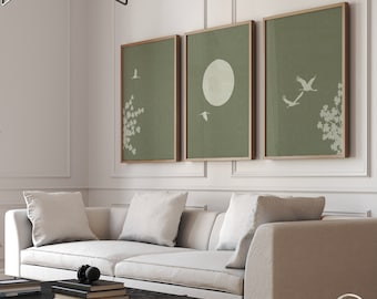 Set of 3 Green Japandi Prints, Japanese Crane Birds Blossom Sun Tree Triptych, Modern Japanese Art Posters