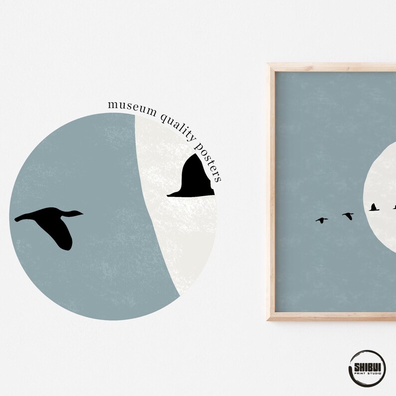 May include: A circular graphic and a rectangular framed print featuring a blue and white color palette with black silhouettes of flying birds. The circular graphic includes the text museum quality posters. A small logo with the text SHIBUI is visible.