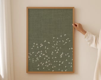 Green Japandi Style Wall Art with Flock of Birds Silhouette, Nature-Inspired Japanese Poster