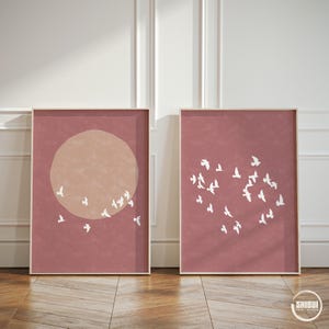 Diptyque Volée d&#39;oiseaux Wabi Sabi rose, décoration murale rose chaud, lot de 2 affiches d&#39;affiches, impressions d&#39;art Glicee