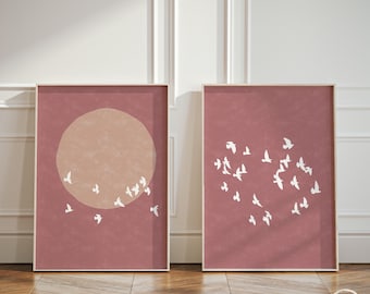 Diptych Pink Wabi Sabi Flock of Birds, Warm Pink Wall Decor, Poster Set of 2 Neutral Art Prints, Glicee Art Prints