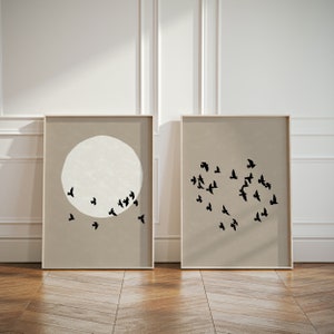 Set di 2 poster neutri, dittico giapponese "Stormo di uccelli" con sole, decorazione da parete in stile moderno di metà secolo, stampe artistiche