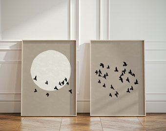 Neutral Poster Set of 2, Flock of Birds Sun Japandi Diptych Wall Art, Beige Mid Century Modern Wall Decor, Art Prints