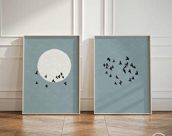 Blue Flock of Birds Moon Silhouette Set of 2 Wall Art, Japandi Sun Diptych Printable Wall Art, Duo Art Posters