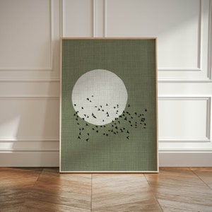 Póster de pájaros japoneses verde salvia con silueta de luna - Decoración de interiores japonesa, póster de naturaleza