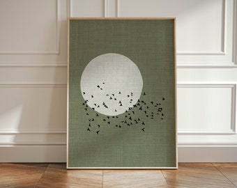 Salviagrön japansk fågelposter med månsilhuett - Japandi Inredning, Naturposter