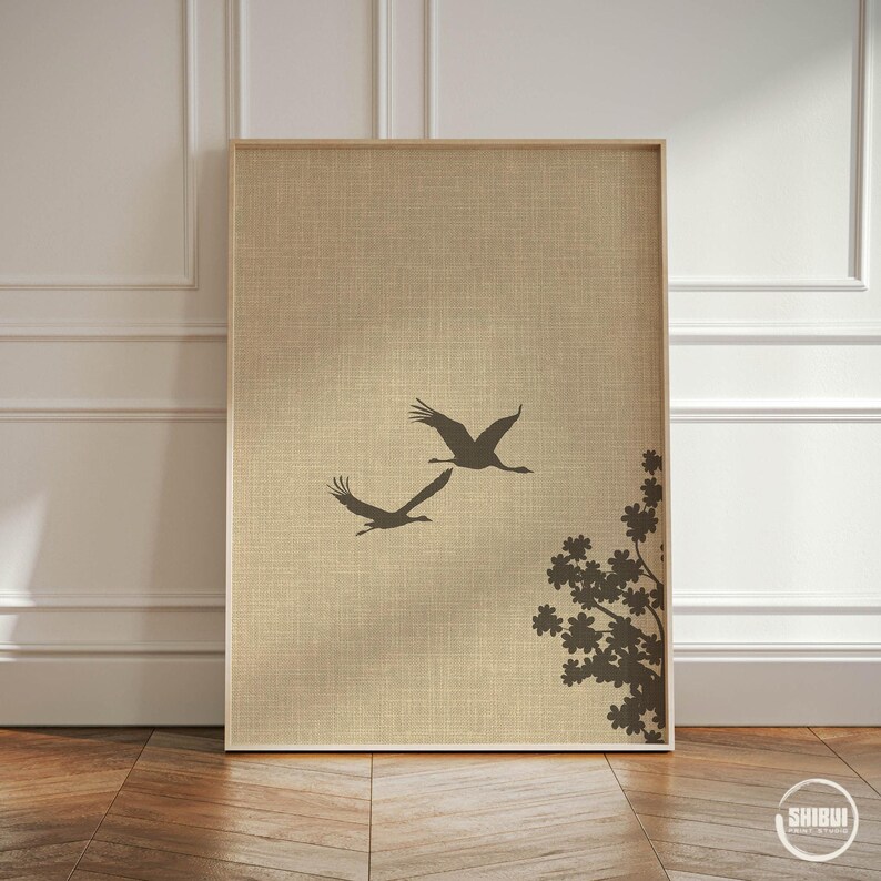 Japandi Triptych Art Prints Set, Japanese Crane Birds Sakura Sun Set of ...