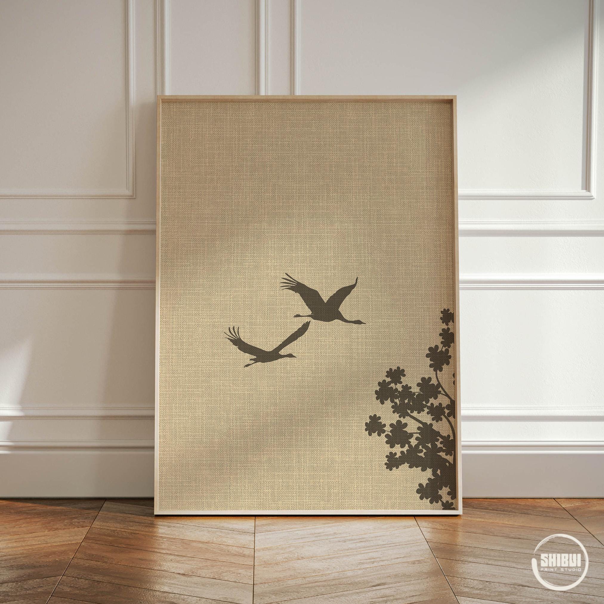 Japandi Triptych Art Prints Set, Japanese Crane Birds Sakura Sun Set of ...