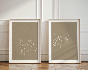Soft Minimalist Set of 2 Posters - Beige and Taupe Linen-Look Background Posters, 2-Piece Japanese-Inspired Wall Art for Living Room Decor