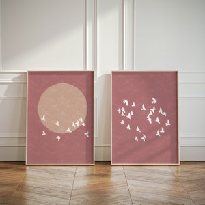 Diptyque Volée d'oiseaux Wabi Sabi rose, décoration murale rose chaud, lot de 2 affiches d'affiches, impressions d'art Glicee