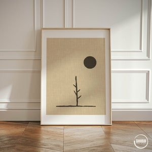 Pôster de arte do sol da árvore Wabi-Sabi, arte de parede abstrata com aparência de linho bege sépia, impressões de arte de decoração de casa japonesa de meados do século