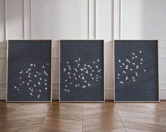 Dark Blue Flock of Birds Triptych Poster Set, Japandi 3-Piece Wall Art, Set of 3 Minimalistic Flying Birds Art Prints