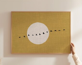 Mustard Yellow Japandi Wall Art - Flock of Geese Print with Moon Silhouette, 24x36 Inch Horizontal XXL Poster, Japanese-Inspired Decor
