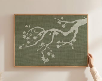 May include: A rectangular wall art piece featuring a light cream-colored tree branch with small blossoms set against a textured, dark olive green background. The artwork is enclosed in a simple, light-toned wooden frame with a clean edge.