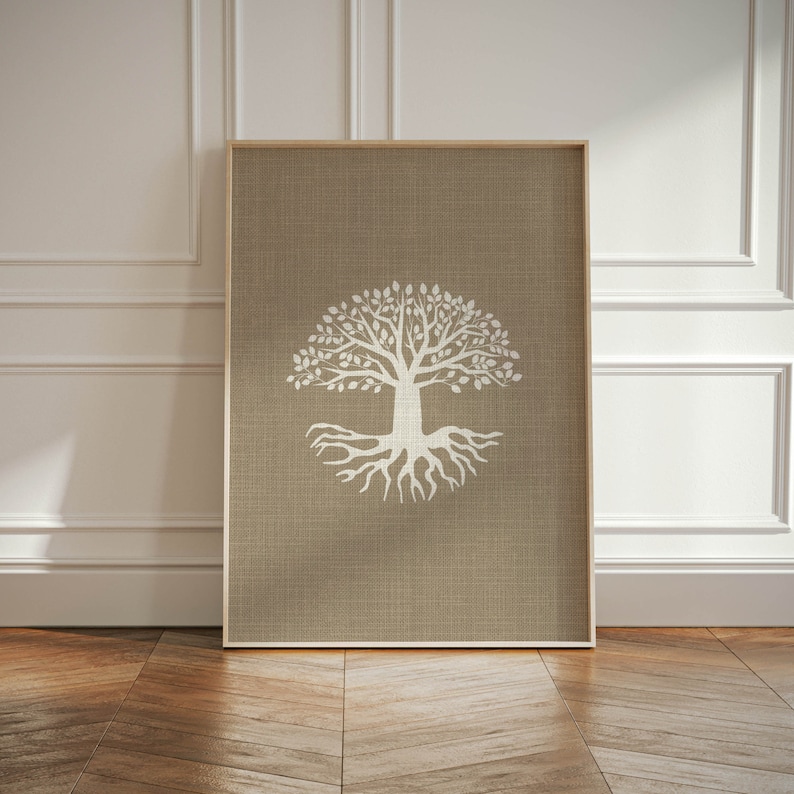 May include: A white tree of life with roots and branches on a brown burlap canvas background. The canvas is framed in a light wood frame.