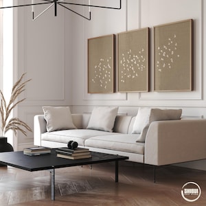 Arte de parede Japandi bege e taupe | Conjunto de 3 pôsteres minimalistas de pássaros | Decoração escandinava para casa