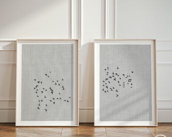 Moderne Japanse grijze kunstafdrukken set, zwerm vogels tweeluik poster set van 2, Japandi Scandi woondecoratie, Glicee kunstafdrukken