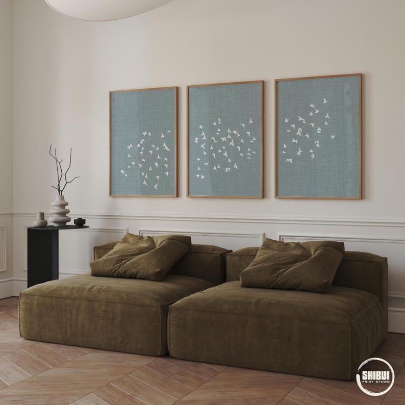 Set of 3 Blue Japandi Wall Art Prints | Minimalistic Flock of Birds ...