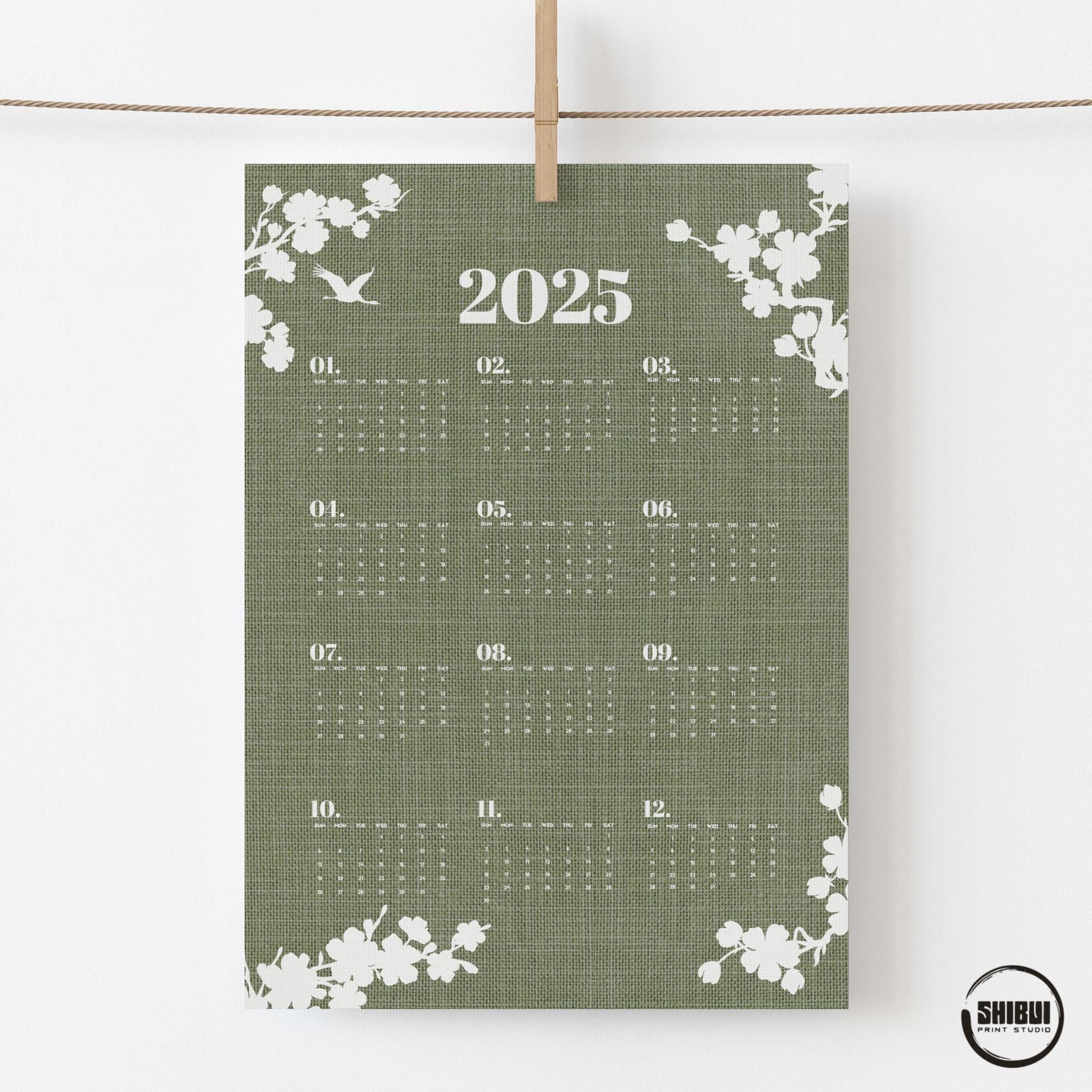 Large Green Minimalist Wall Calendar 2025, Japandi Art