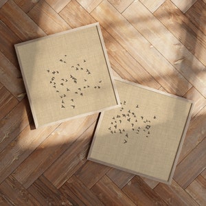 Set di 2 stampe Japandi Wall Art, poster minimalisti sulla natura, decorazione artistica quadrata con stormo di uccelli