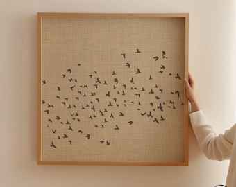 Minimalistic Linen Look Flock of Birds Poster, Square Size Wall Art for Neutral Home Decor, Mid Century Modern Timeless Artwork