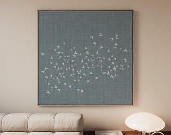 Flock of Birds Square Size Canvas Artwork for Nordic Japandi Home Decor, Extra Large Textured Nature Inspired Wall Art