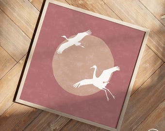 Japandi Calming Warm Pink Crane Birds Square Wall Art, Hygge Serene Minimalist Natural Colors Wall Hanging, Art Print