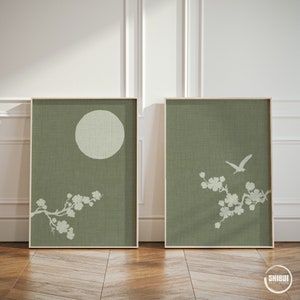 Japanese Heron Blossom Sun Green Diptych Artworks, Set of 2 Minimalistic Japandi Art Prints, 2 Piece Sakura Wall Art Posters