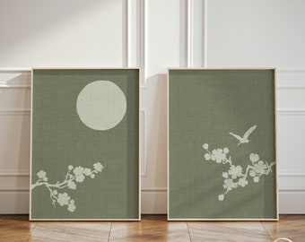 Japanese Heron Blossom Sun Green Diptych Artworks, Set of 2 Minimalistic Japandi Art Prints, 2 Piece Sakura Wall Art Posters