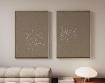 Modern Minimalist Japandi Canvas Diptych with Flock of Birds, 2-Piece Panel available in Extra Large Sizes
