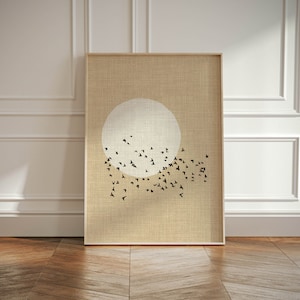 Grande poster artistico neutro - Stampa di uccelli giapponesi, effetto lino, decorazione da parete con stormo di uccelli fino a 24 x 36 pollici / 70 x 100 cm / formato A1